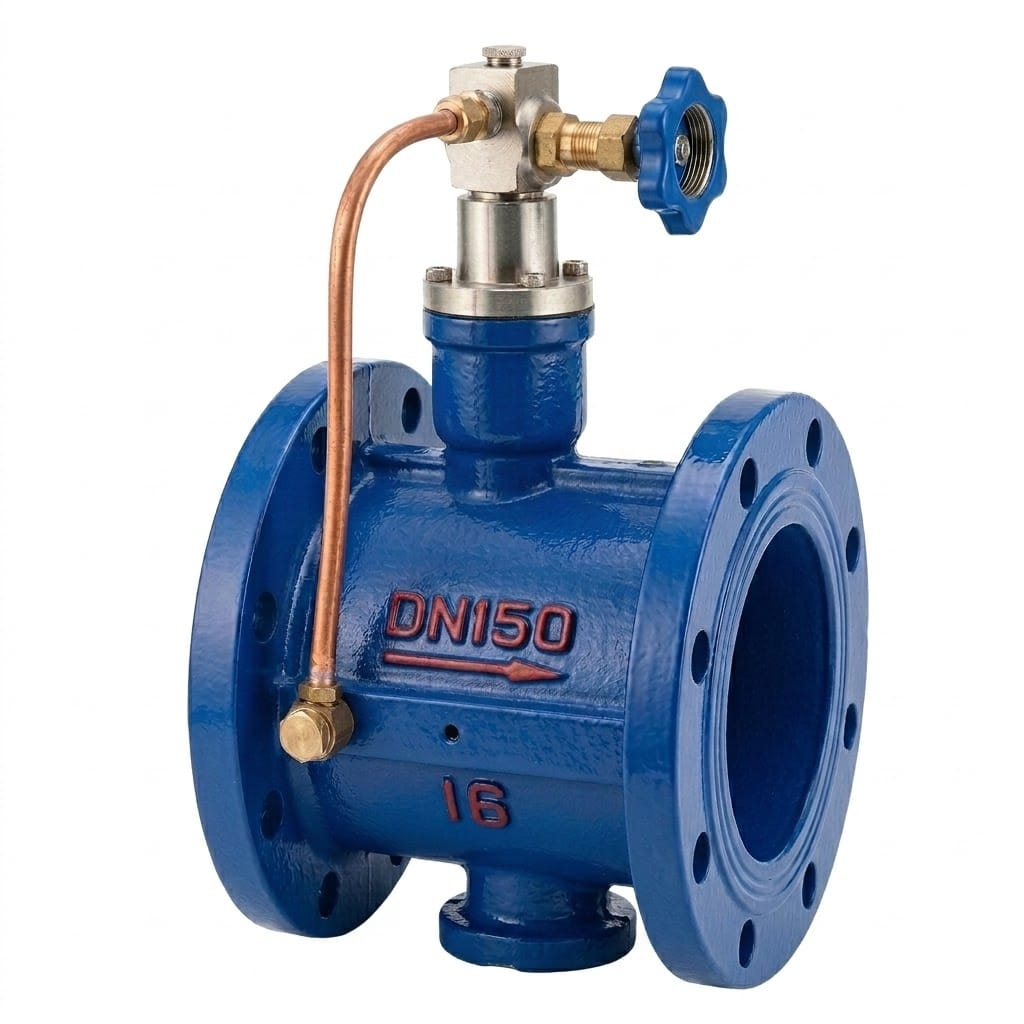 HH46X butterfly slow-closing check valve structure drawing showing flanged body, butterfly disc with rubber sealing ring, hydraulic slow-close cylinder on top, disc shaft and flow direction arrow