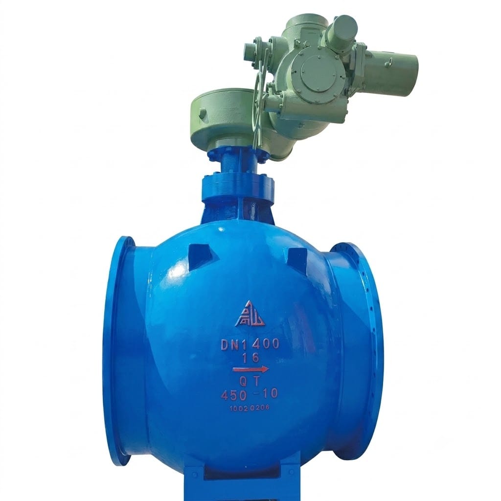 BQ340H eccentric semi-ball valve structure showing three views: front photo with worm gear handwheel and blue carbon steel body, side engineering drawing showing H1 closed height and H2 open height with actuator, and end-on flange view with dimensional annotations; eccentric semi-spherical disc in hard alloy seat with stainless steel stem and worm gear drive mechanism