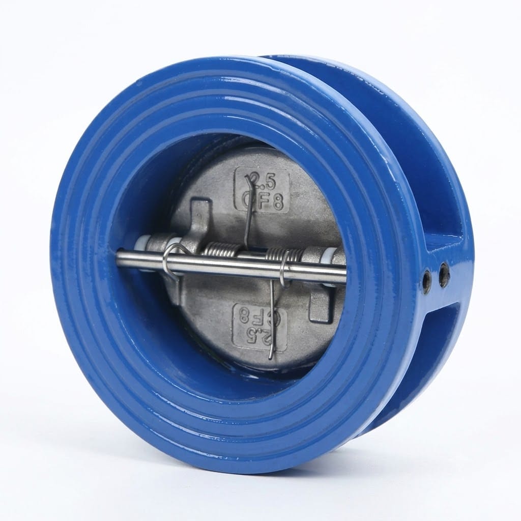 H76X wafer double disc swing check valve rubber sealed structure drawing showing wafer body, two half-discs with rubber sealing rings, center hinge pins, spring assist mechanism and flow direction arrow