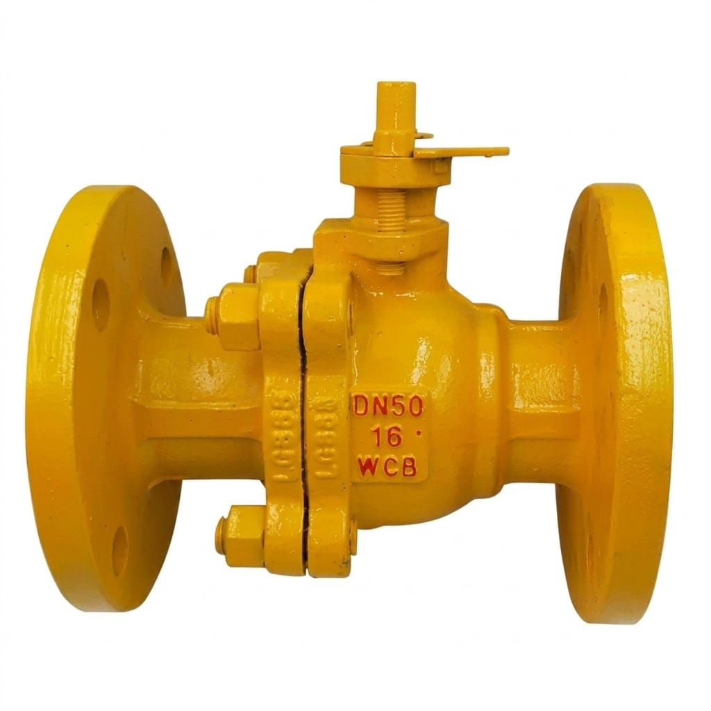 RQ41F gas ball valve structure drawing showing split-body WCB cast steel construction with flanged end connections, red extended lever handle, floating ball with reinforced PTFE seat rings, anti-blowout stem with PTFE packing, and bonnet bolt pattern